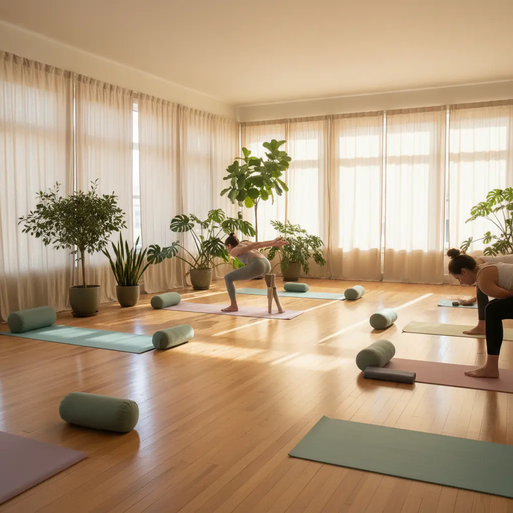 Estúdio de yoga iluminado e arejado